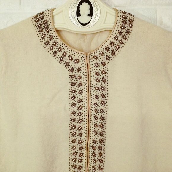 Vintage 50s Embellished Cashmere Cardigan Sweater Lady(38) Beaded-Border Lined - Picture 5 of 13